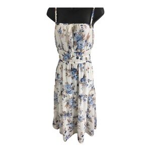 Trixxi white‎ blue brown floral open back smocked waist tiered dress size XL new